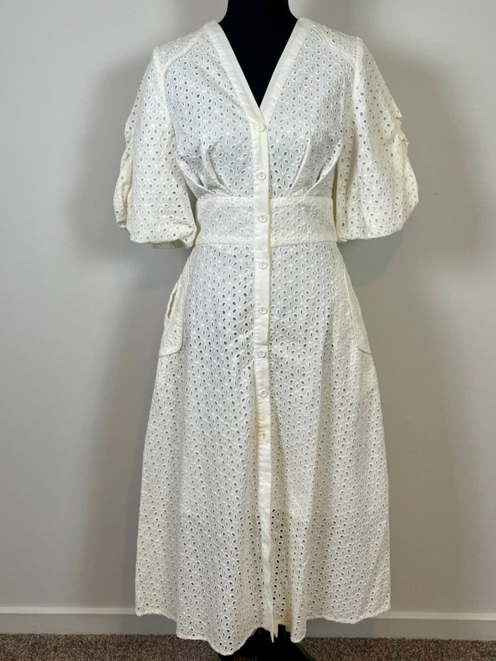 White 100% Cotton Eyelet Button Front Midi Dress, Size M